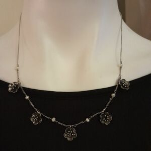 Cookie Lee- 19" Silver Tone Necklace With Flower Dangles & Small Pearls